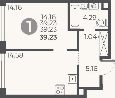 Планировка: 1-к, 39,2 м²