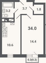 Планировка: 1-к, 33,7 м²