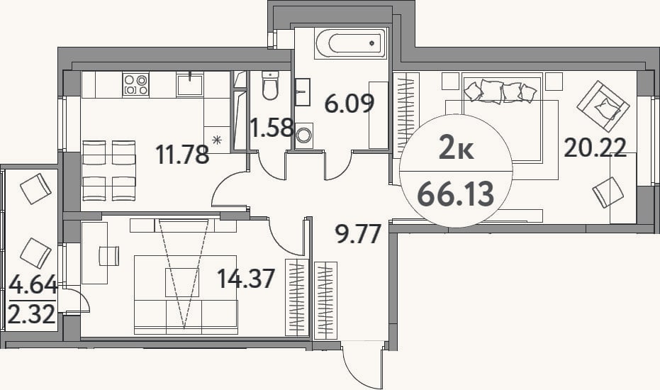 Планировка: 2-к, 63,8 м²