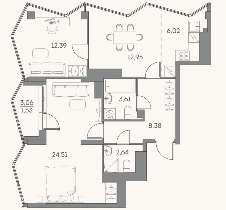 Планировка: 3-к, 70,5 м²