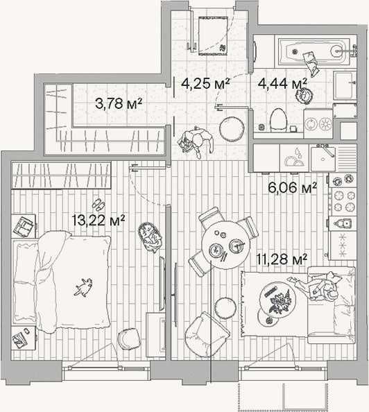 Планировка: 2-к, 43 м²