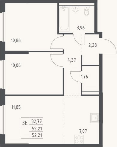 Планировка: 3-к, 52,2 м²