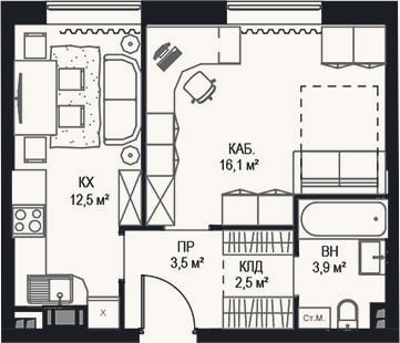 Планировка: 1-к, 38,5 м²
