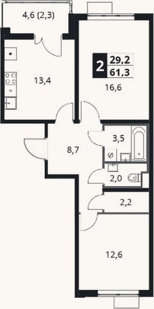 Планировка: 2-к, 59 м²
