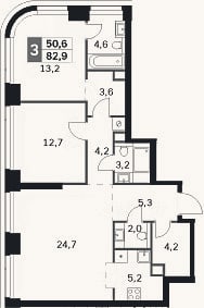 Планировка: 3-к, 82,9 м²