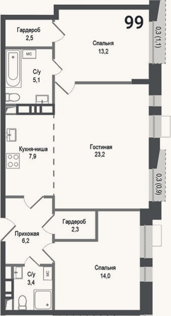 Планировка: 3-к, 77,8 м²