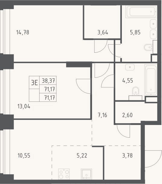 Планировка: 3-к, 71,2 м²