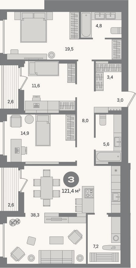 Планировка: 3-к, 116,2 м²