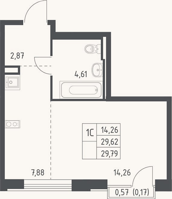 Планировка: Студия, 29,6 м²
