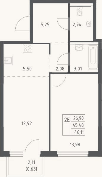 Планировка: 2-к, 45,5 м²