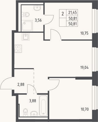 Планировка: 3-к, 50,8 м²