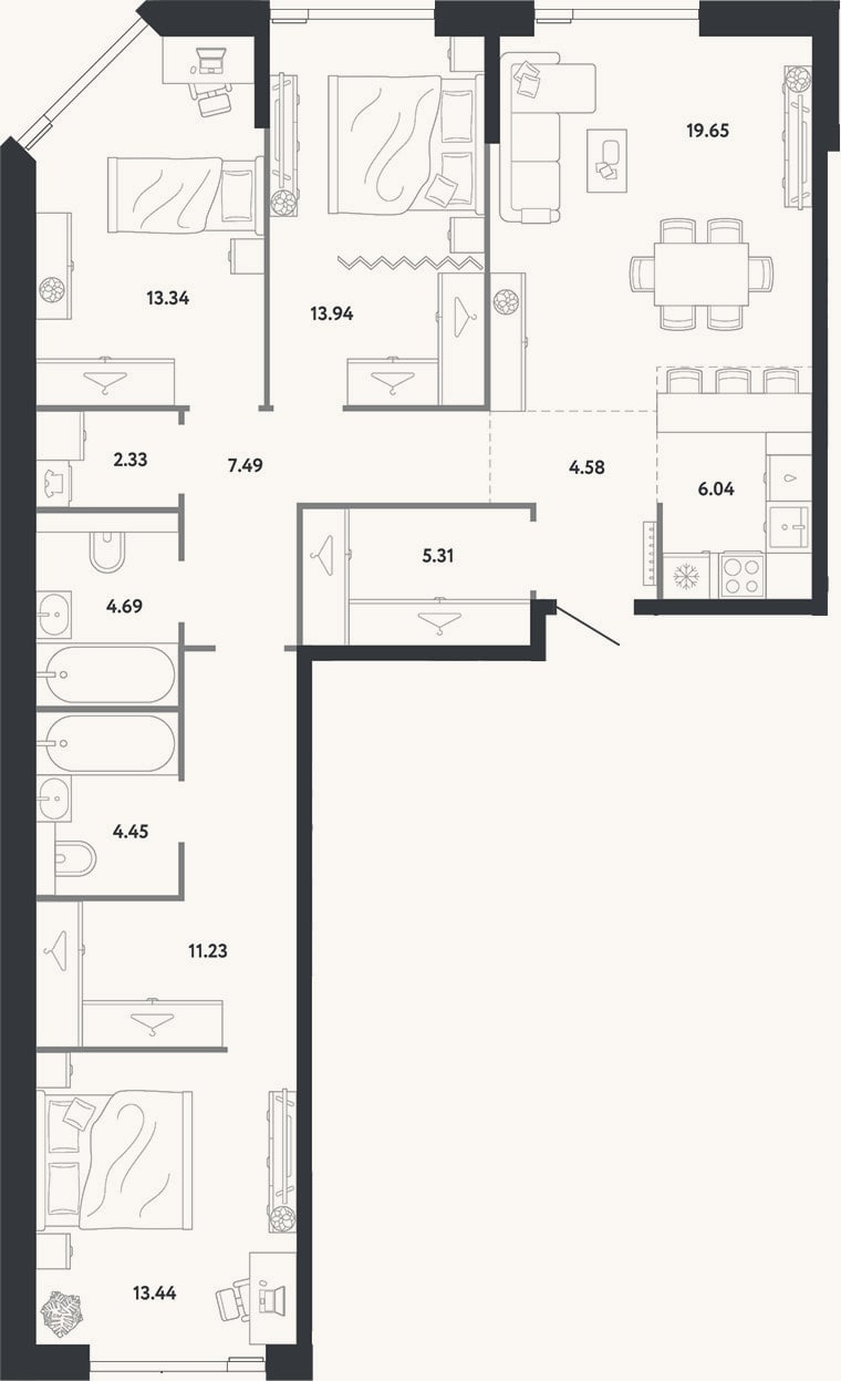 Планировка: 3-к, 106,5 м²