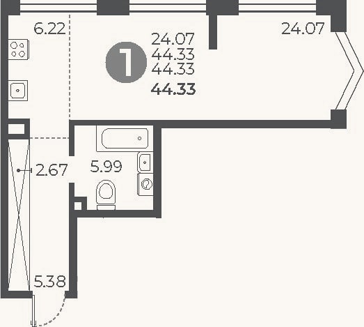 Планировка: Студия, 44,3 м²