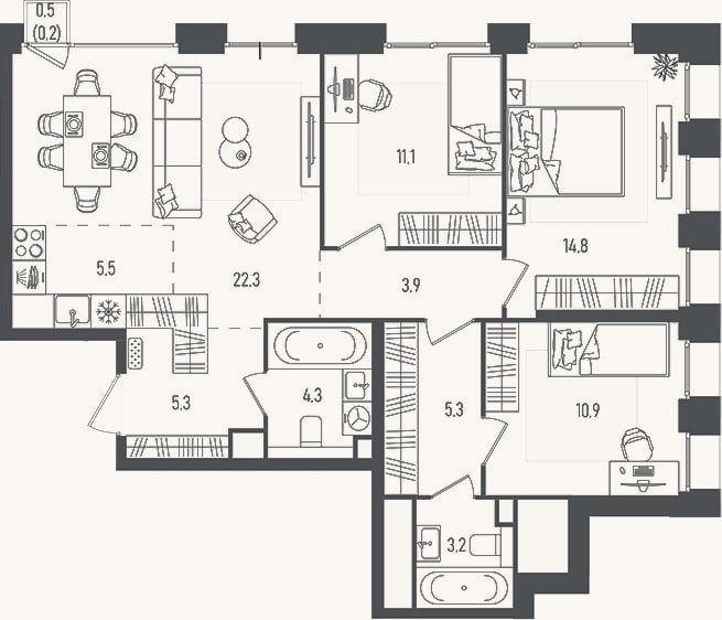 Планировка: 4+ к, 85,9 м²
