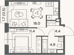 Планировка: 1-к, 38,7 м²
