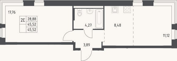 Планировка: 2-к, 45,5 м²