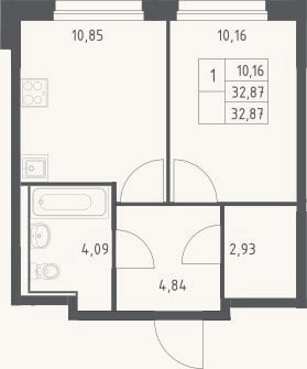 Планировка: 1-к, 32,9 м²
