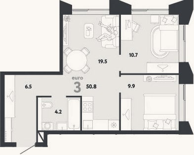 Планировка: 3-к, 50,8 м²