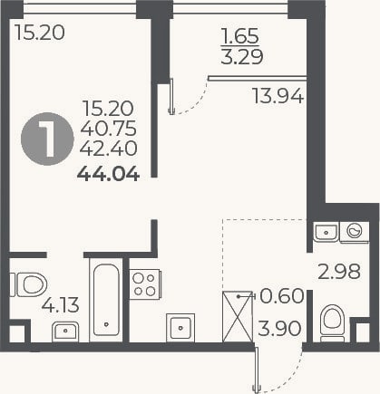 Планировка: 1-к, 40,8 м²