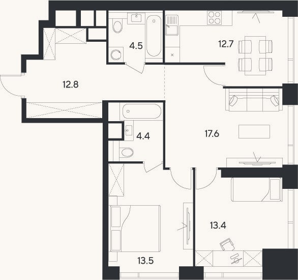 Планировка: 3-к, 78,9 м²