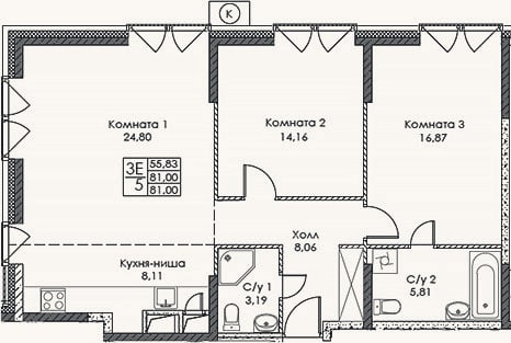 Планировка: 3-к, 81 м²