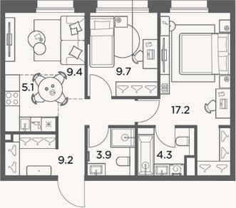 Планировка: 3-к, 58,8 м²