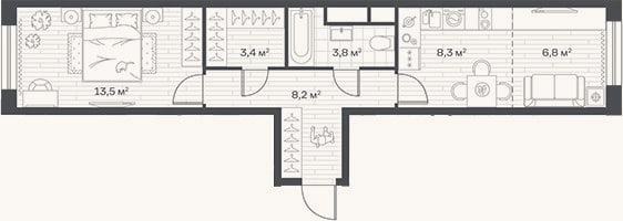 Планировка: 2-к, 44 м²