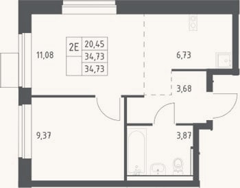 Планировка: 2-к, 34,7 м²