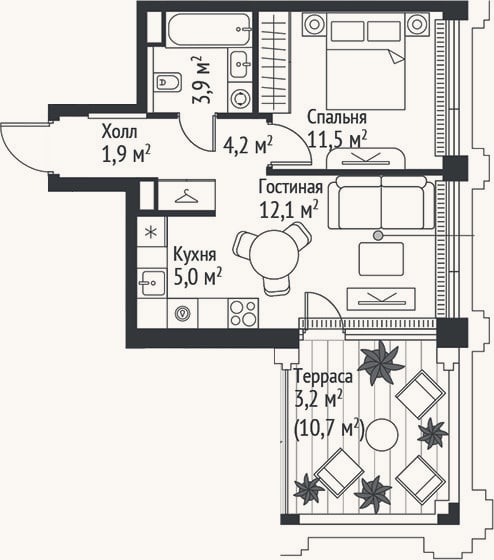 Планировка: 2-к, 38,6 м²