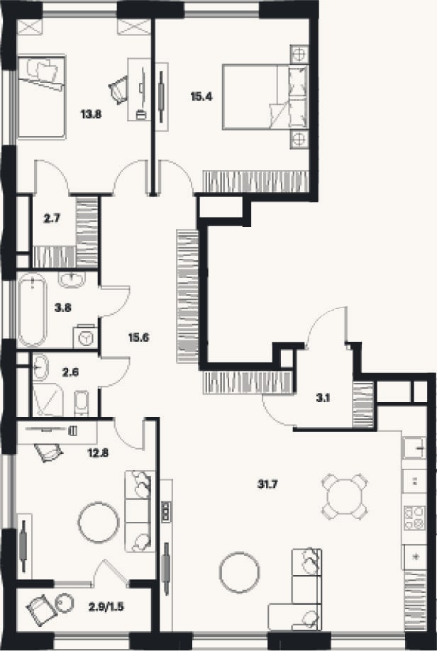 Планировка: 4+ к, 100,3 м²