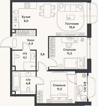 Планировка: 3-к, 60,8 м²