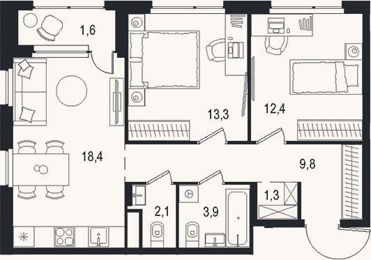 Планировка: 3-к, 61,2 м²