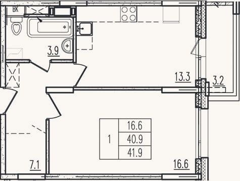 Планировка: 1-к, 41 м²