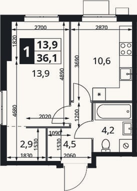 Планировка: 1-к, 36,1 м²