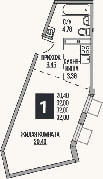 Планировка: Студия, 32 м²