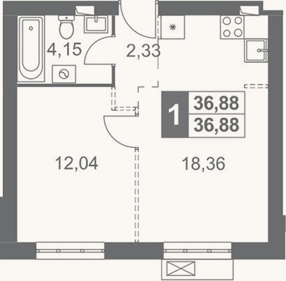 Планировка: 1-к, 36,9 м²