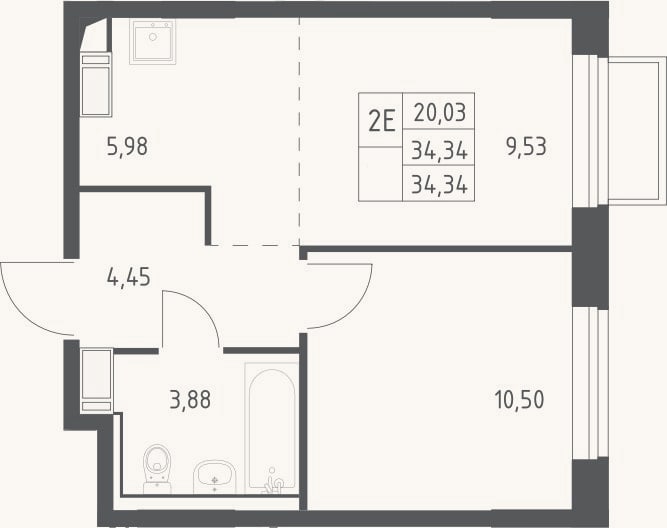 Планировка: 2-к, 34,3 м²