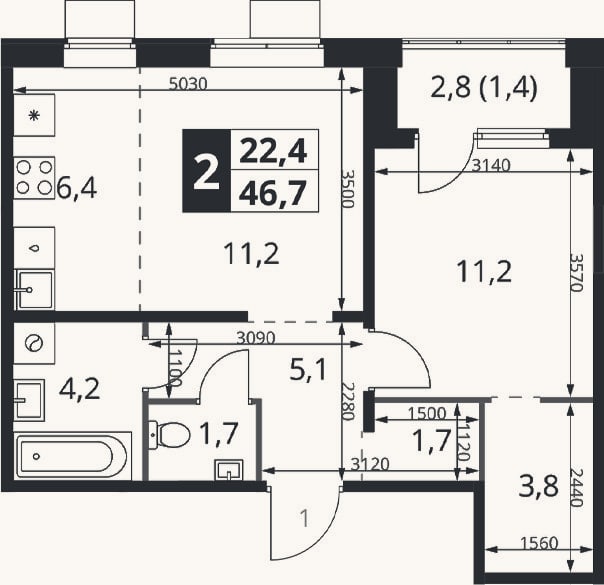 Планировка: 2-к, 45,3 м²