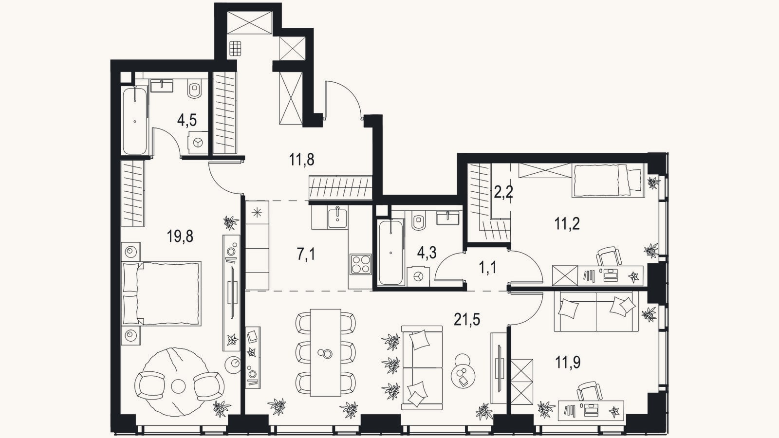 Планировка: 4+ к, 96,4 м²