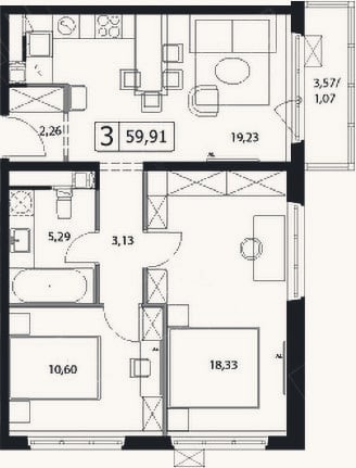 Планировка: 3-к, 58,8 м²