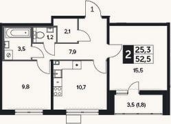 Планировка: 2-к, 51,8 м²