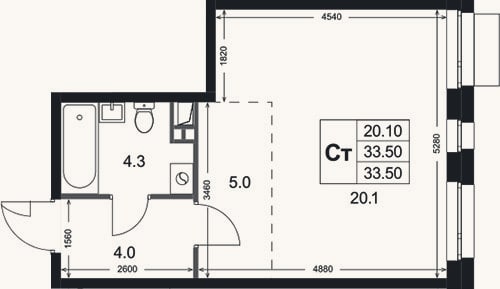 Планировка: Студия, 33,5 м²