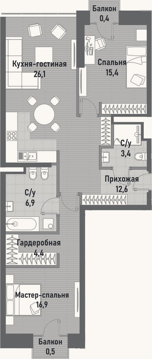 Планировка: 3-к, 88,7 м²