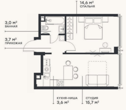 Планировка: 2-к, 40,6 м²