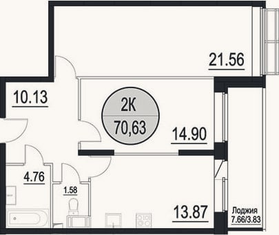 Планировка: 2-к, 66,8 м²