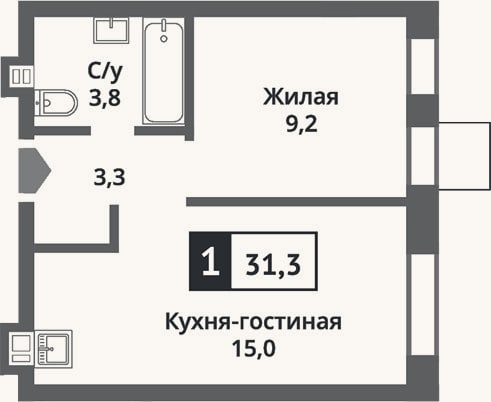 Планировка: 2-к, 31,3 м²
