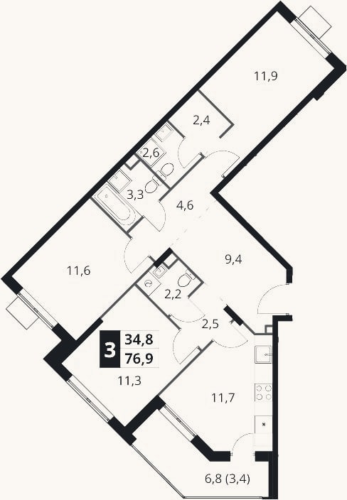 Планировка: 3-к, 73,5 м²