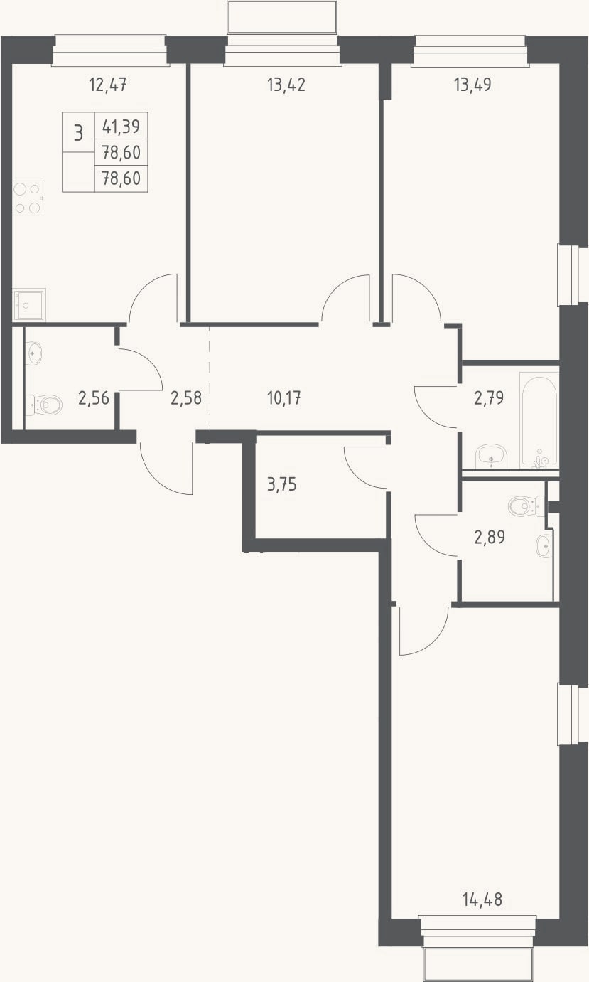 Планировка: 3-к, 78,6 м²