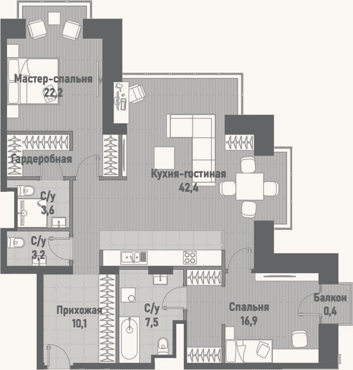 Планировка: 3-к, 105,9 м²