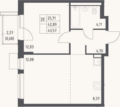 Планировка: 2-к, 42,9 м²